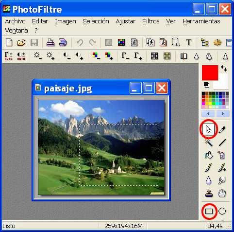 Recortar una imagen Para tomar sólo una parte de una imagen, primero deberemos seleccionarla (con las opciones de la barra de herramientas lateral).