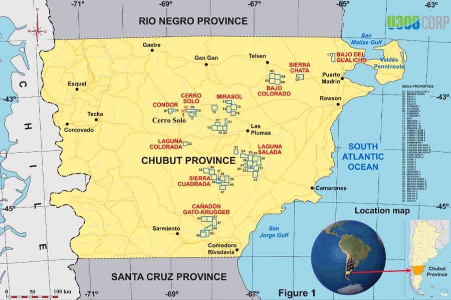 Figura 9: mapa de propiedades mineras de la empresa U3O8 Corp. El yacimiento Cerro Solo se encuentra en el centro de la provincia.