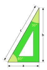 La longitud de la hipotenusa es el doble de la del cateto menor. Los ángulos que forman los catetos con la hipotenusa son de 30 y de 60. Escuadra Cartabón a. Cateto - b. Cateto - c.
