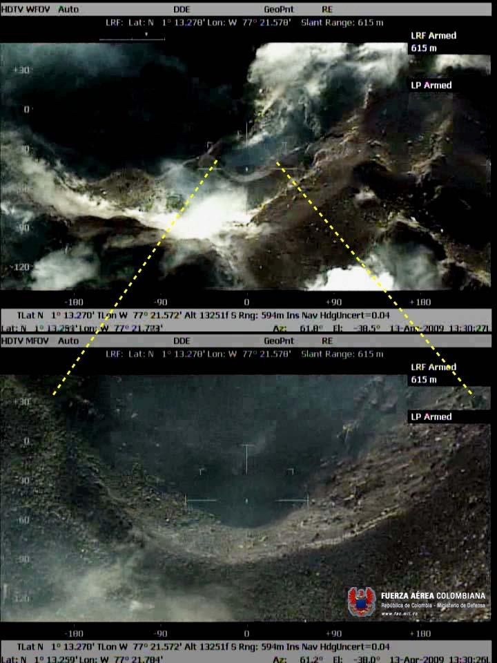 Figura 20. Fotografías tomadas desde el SE del cono activo durante el sobrevuelo volcán Galeras, 8:30 a.m. Detalle del cráter de aproximadamente 50 m de diámetro ubicado en el fondo del cráter principal.