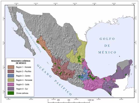 Competitividad internacional de la industria azucarera de México / N. Aguilar R. et al. Figura 1. Regiones cañeras administrativas de México (PRONAC, 2007).