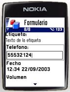 Formularios Form f = new Form("Formulario"); Item itemetiqueta = new StringItem( "Etiqueta:", "Texto de la etiqueta"); Item itemtexto = new TextField( "Telefono:", "", 8, TextField.