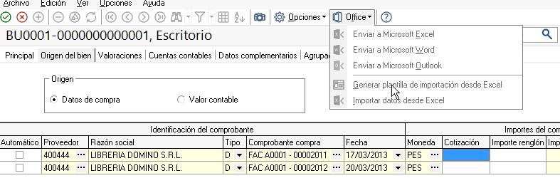 Generar desde la pantalla de Bienes, opción de menú Office Generar plantilla de importación desde Excel.