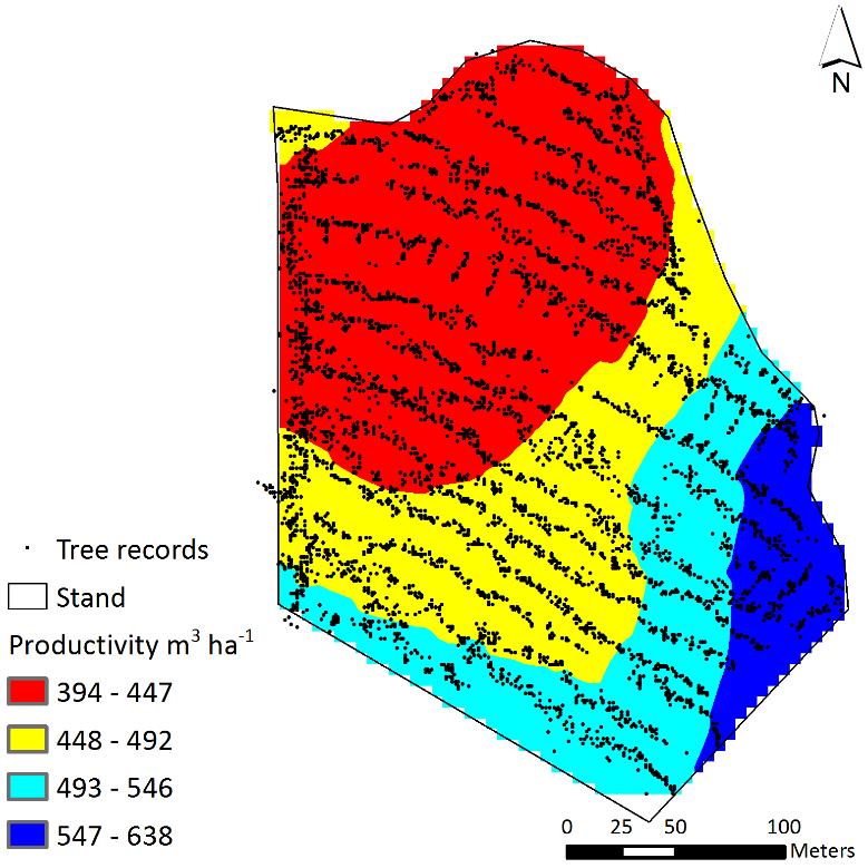 Gráfico 4. Mapa de productividad forestal (m 3 ha -1 ) producido a partir de datos recolectados automáticamente por un harvester. Origen: adaptado de Olivera (2016). 5.