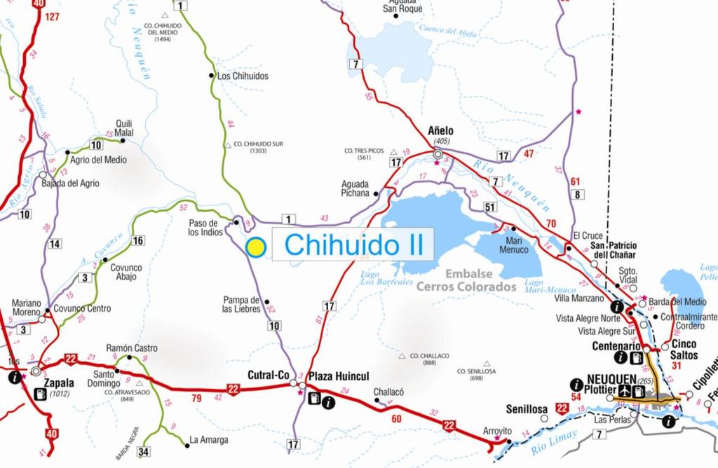 Aprovechamiento Chihuido II Potencia Nominal (MW) * 260 Generación media (GWh/año)* 1200 Nivel Máximo (m.