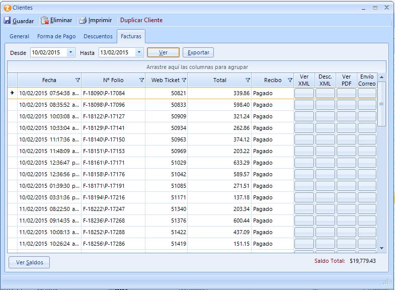 7 FACTURAS La pantalla representada con la Figura 7, es donde se muestran las facturas que han sido generadas al cliente anteriormente seleccionado.