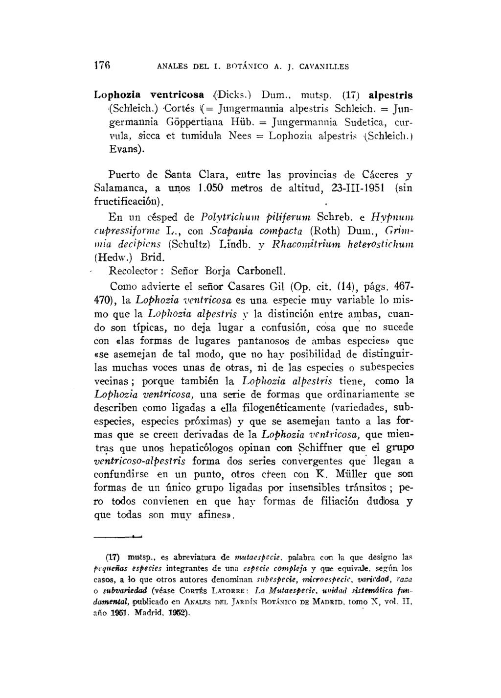 176 ANALES DEL I. BOTÁNICO A.J. CAVANILLES Lophozia ventricosa (Dicks.) Dum., mutsp. (17) alpestris (Schleich.) Cortés i(= Jungermannia alpestris Schleich. = Jung-ermannia Goppertiana Hüb.