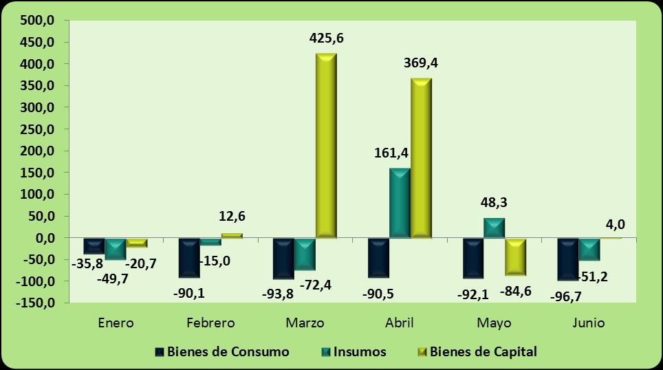 Mientras tanto en el mes de junio del 2013, las importaciones que registraron variaciones positivas fue bienes de capital (4,0%) debido a la mayor importación de bienes de capital para la industria y