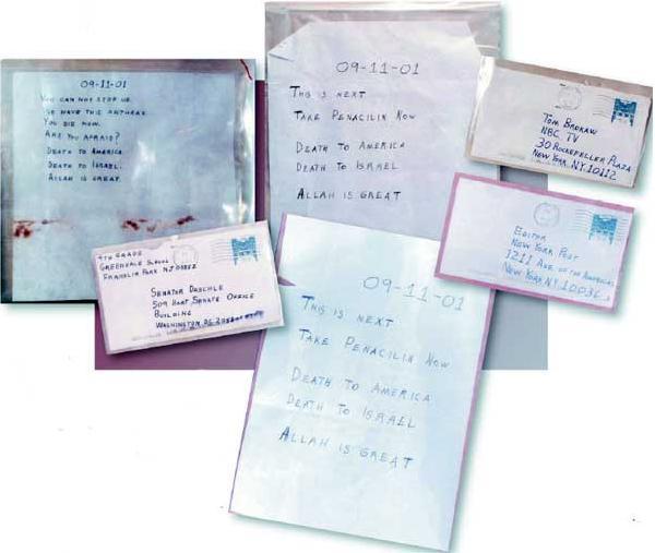 Cartas con ántrax 2001: se produjeron atentados con cartas con ántrax, que contenían una preparación altamente refinada de esporas de ántrax en polvo secas.