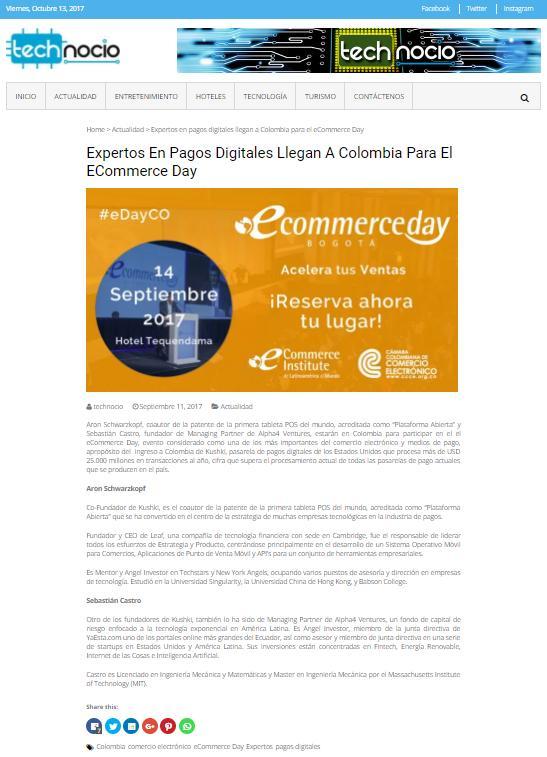 NOTICIA: Expertos En Pagos Digitales Llegan A Colombia Para El ECommerce Day FECHA: Septiembre 11 /201 SECCIÓN: