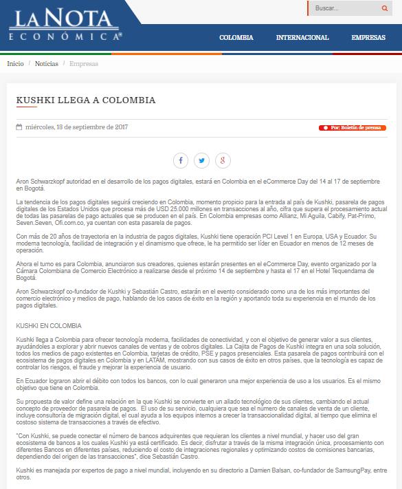NOTICIA: KUSHKI LLEGA A COLOMBIA FECHA: Septiembre 13 /201 SECCIÓN: Noticias