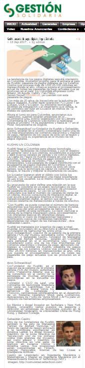 NOTICIA: KUSHKI, PASARELA DE PAGOS DIFITALES LLEGA A COLOMBIA FECHA: Septiembre 15 /201 SECCIÓN: