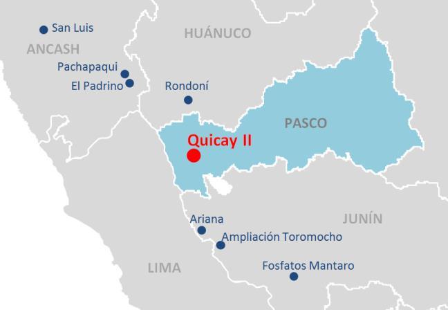 QUICAY II Corporación Minera Centauro S.A.C. 100%: Corporación Minera Centauro (Perú) Pasco Pasco Simón Bolívar El proyecto se ubica a una altitud de 4,400 m.s.n.m., a 2.