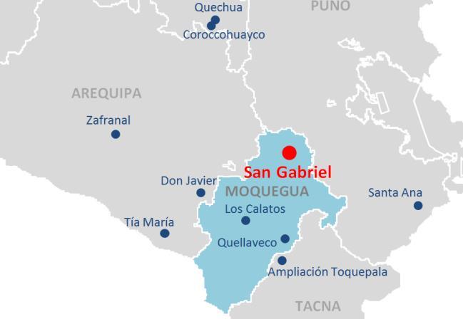 SAN GABRIEL (EX - CHUCAPACA) Compañía de Minas Buenaventura S.A.A. 100%: Grupo Buenaventura (Perú) Moquegua Sanchez Cerro Ichuña El proyecto se ubica a una altitud aproximada entre los 4,450 y 5,000 m.