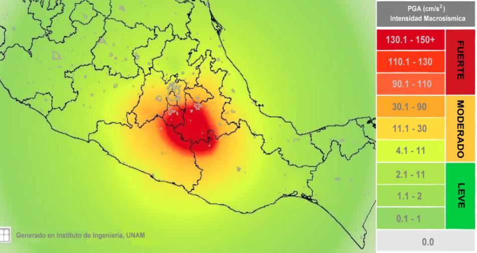 3 / 8 Mapa de intensidad del sismo del 19 de septiembre de 2017. Fuente: Instituto de Ingeniería de la Universidad Nacional Autónoma de México.