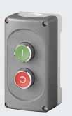 Complementos Pulsadores Pulsador DTH R Para el control separado de los dos sentidos de marcha, con pulsador de parada separado Índice de protección: IP 65, Medidas: 90 160 55 mm (An Al Pr) Para los