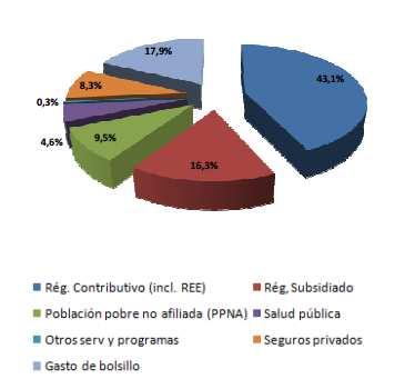Desde el punto de vista de la composición porcentual del gasto, según los mismos componentes, en la Figura 9, se observa, que la mayor participación corresponde al régimen contributivo (37,7% durante