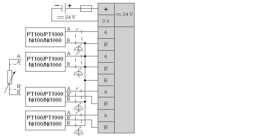 NOTA: Para evitar interferencias con las E/S analógicas, la fuente de alimentación del módulo TWDAVO2HT deben encenderse y apagarse al mismo tiempo que la fuente de