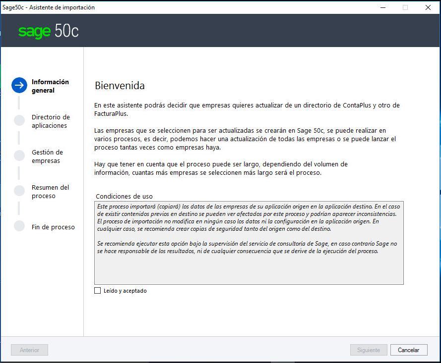 PASOS DEL PROCESO Asistente El asistente se ejecuta desde la aplicación Sage.ES.Migrations.Plus.S50 que estará disponible dentro del directorio de Sage 50c.