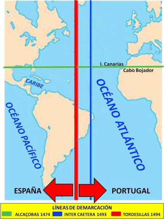 Mapas elaboración propia José Antonio Crespo-Francés Los potenciales conflictos derivados de la competencia entre portugueses y castellanos se evitaron gracias al Tratado de Tordesillas entre ambos