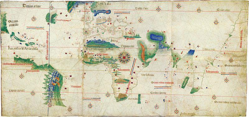 Planisferio de Cantino 1502 con el meridiano del tratado de Tordesillas.