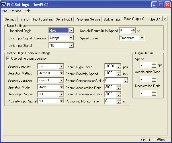 -4 Ejemplos de programación de la unidad CP1L Configuración del PLC Especifique la configuración de la salida de pulsos 0. 1. bra el cuadro de diálogo Configuración del PLC. 2.