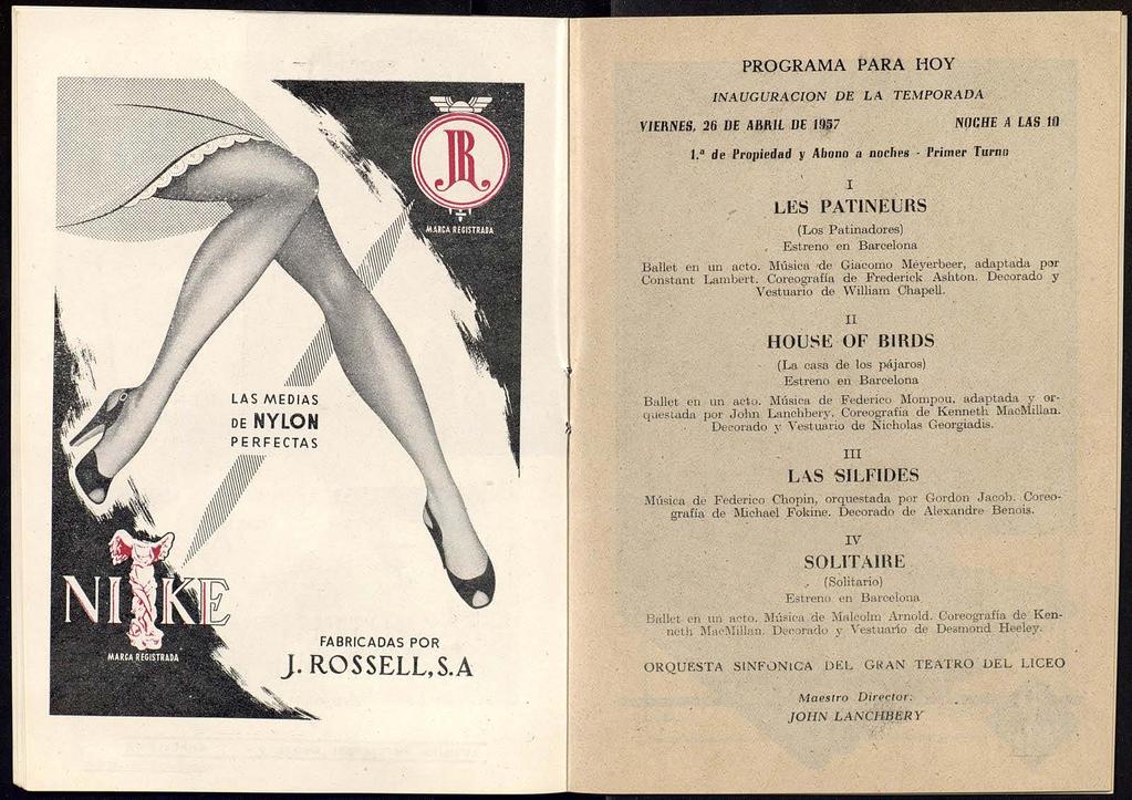 PROGRAMA PARA HOY INAUGURACION DE LA TEMPORADA VlfRNES, 26 DE ABRIL DE 1957 NOCHE A LAS 10 1.