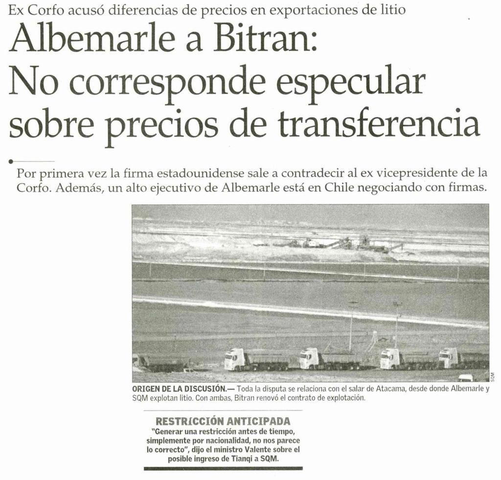 El Mercurio 7 2 Albemarle a Bitran: No corresponde