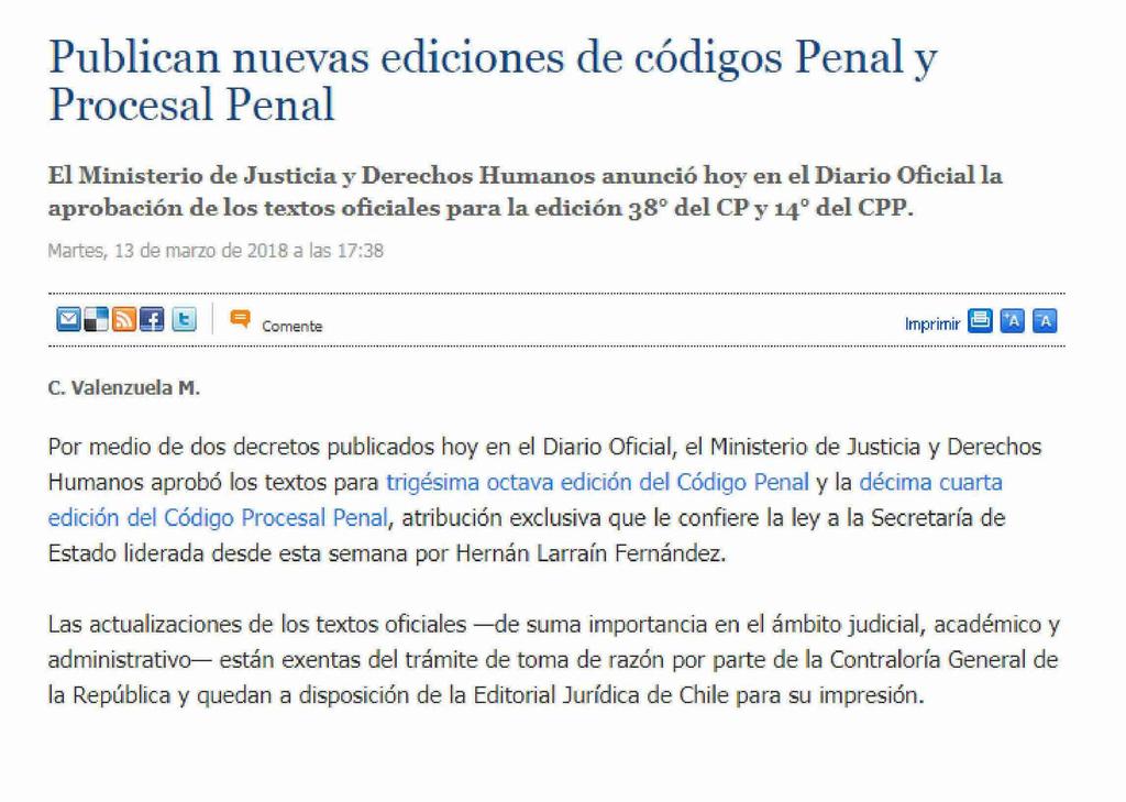 Fecha: 13-03-2018 Fuente: El Mercurio Legal - Stgo - Chile 1 1 Publican nuevas