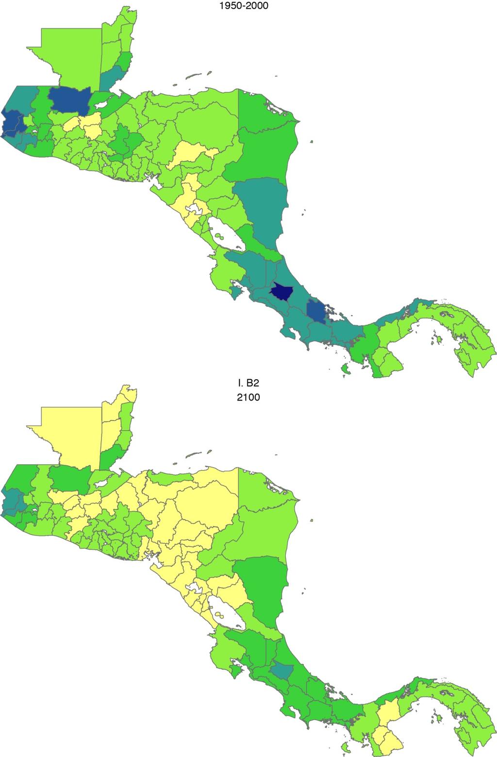 Centroamérica: Índice de aridez histórico y con cambio climático Promedio 1950-2000: 1.