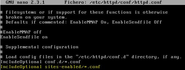 3. Creamos los directorios dónde almacenaremos los ficheros de configuración para los host virtuales: 4. Accedemos al fichero de configuración principal de Apache, httpd.