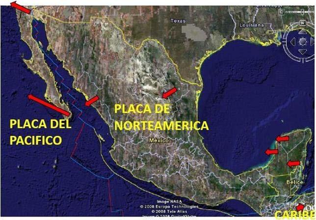 Antecedentes El territorio continental mexicano se encuentra en tres diferentes placas tectónicas, denominadas Norteamérica, Pacifico y Caribe.