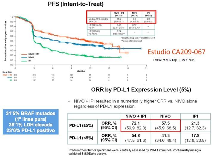 CA209-067: Study Design Randomized, double-blind, phase III study to compare NIVO+IPI or NIVO alone to IPI alone Stratify by: Unresectable or Metatastic Melanoma Previously untreated 945 patients