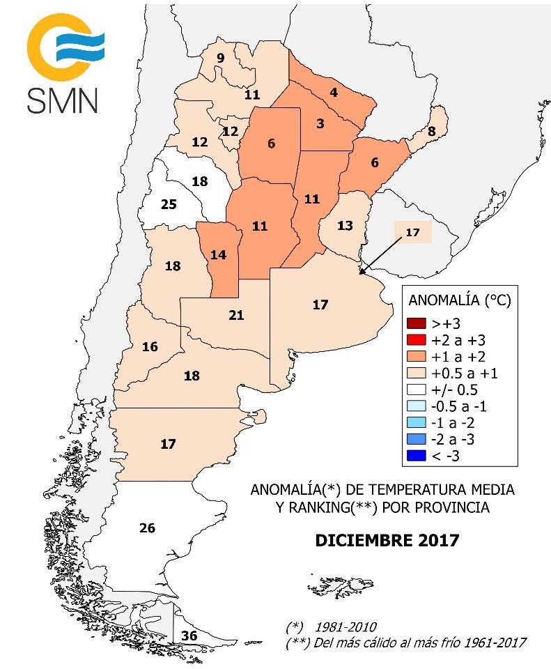 DICIEMBRE 2017 (ANÁLISIS NACIONAL Y PROVINCIAL) Anomalía ( C) y ranking de la temperatura media mensual a nivel país y provincial Diciembre 2017.