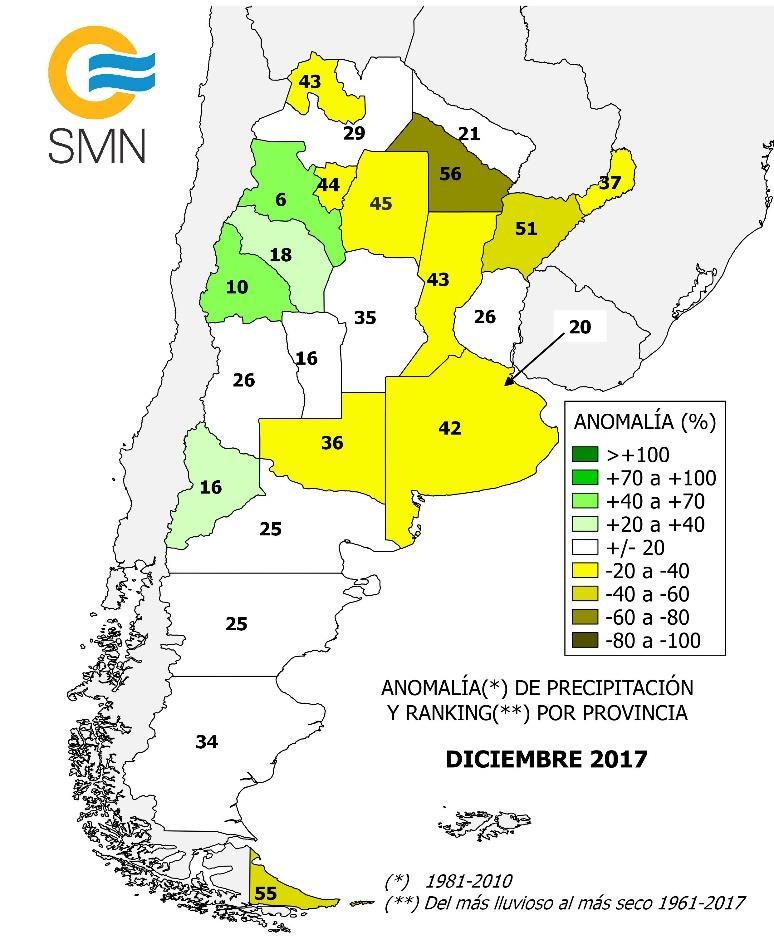 PRECIPITACIÓN DICIEMBRE 2017 (ANÁLISIS NACIONAL Y PROVINCIAL) Anomalía (%) y ranking de la precipitación mensual a nivel país y provincial Diciembre 2017.
