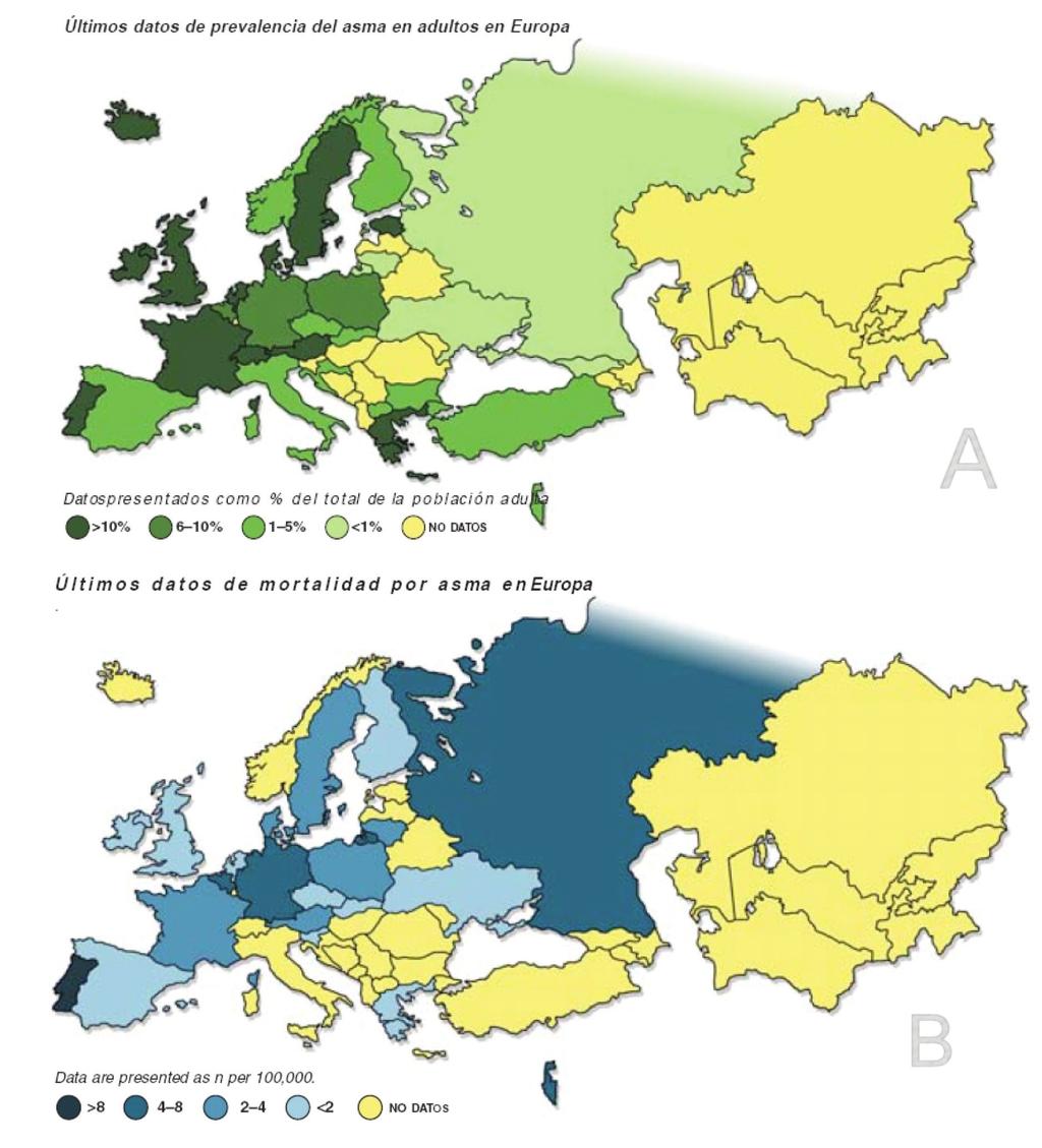 ACTUALIZACIONES Diagnóstico y tratamiento del asma y la EPOC 2 Figura 1. Prevalencia (A) y mortalidad (B) por asma en Europa (4).
