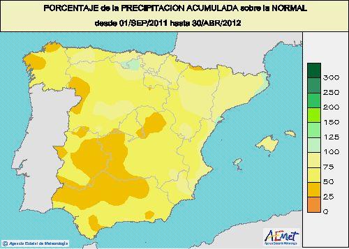 % Precipitación acumulado desde 1/09/2011, sobre año normal: Fuente: AEMET En general, las precipitaciones acumuladas desde el 1 de septiembre hasta el 30 de abril de 2012 se sitúan en la mayor parte