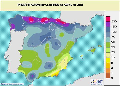 Precipitación del mes de abril: Fuente: AEMET Las precipitaciones después de 4 meses consecutivos de pluviometría muy escasa, han sido claramente superiores a las normales con porcentajes de
