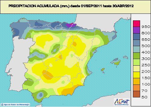 Precipitación acumulada hasta 30 de abril: Fuente: AEMET Las precipitaciones acumuladas desde el 1 de septiembre continuaron siendo inferiores, aunque mejorando ostensiblemente respecto al mes