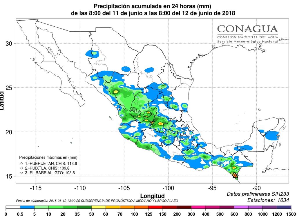 Reporte Meteorológico para la Agricultura No. Aviso: 111 Ciudad de México a 12 de Junio del 2018.