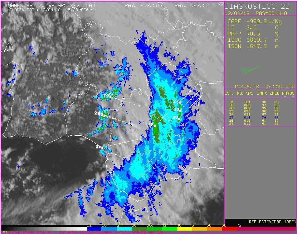 Figura 7. 15:50 UTC Radar de Sevilla. Producto de diagnóstico 2D. Imagen PPI de reflectividad sobre imagen VIS 15:30 UTC.