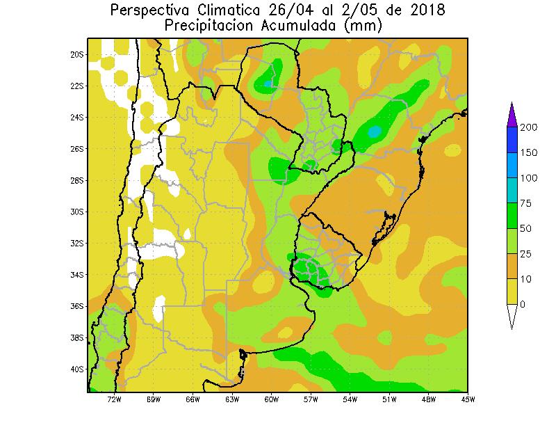 26 DE ABRIL AL 2 DE MAYO DE 2018 Paralelamente, se producirán precipitaciones sobre el margen oriental del área agrícola, mientras que la mayor parte del centro y el oeste, recibirán valores escasos.