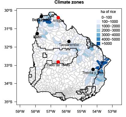 Rendimiento Arroz Kg/ha Zonas Climáticas y Areas de Arroz Area Arroz (ha) Estaciones Meteorológicas Area Arroz (ha) Figura 2.