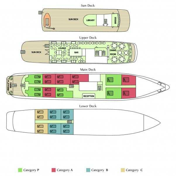 Plan de las Cubiertas A/ Las tarifas de cruceros son por persona y semana e incluyen Alojamiento en camarotes dobles o twin (2 camas) con ducha/wc privado y aire acondicionado.