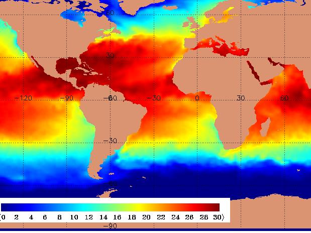 Temperatura superficial del mar (Agosto 2002; FNMOC OTIS) Sin embargo, la mayoría de las playas de anidación mediterráneas tienen en la actualidad temperaturas de incubación