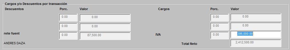 b. Cargos: La tercera casilla de CARGOS se utiliza para el cálculo del IVA, si el producto es gravado y en su creación se asignó porcentaje de IVA, el sistema trae en forma automática el porcentaje.
