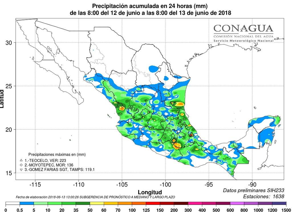 Reporte Meteorológico para la Agricultura No. Aviso: 112 Ciudad de México a 13 de Junio del 2018.