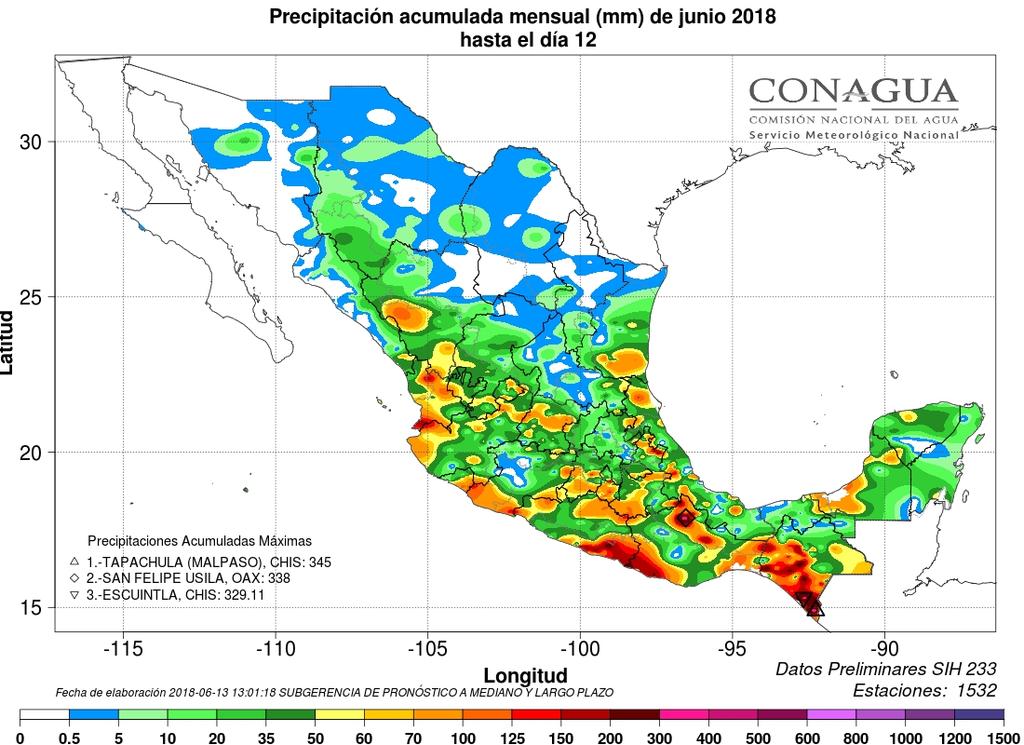Precipitación y su anomalía registrada acumulada en lo que va del año 2018 en mm TEMPERATURAS: ANÁLISIS Y PRONÓSTICO (mapas de modelos numéricos) (por localidad) T. Máx. en C: 47.0 en El Orégano, Son.