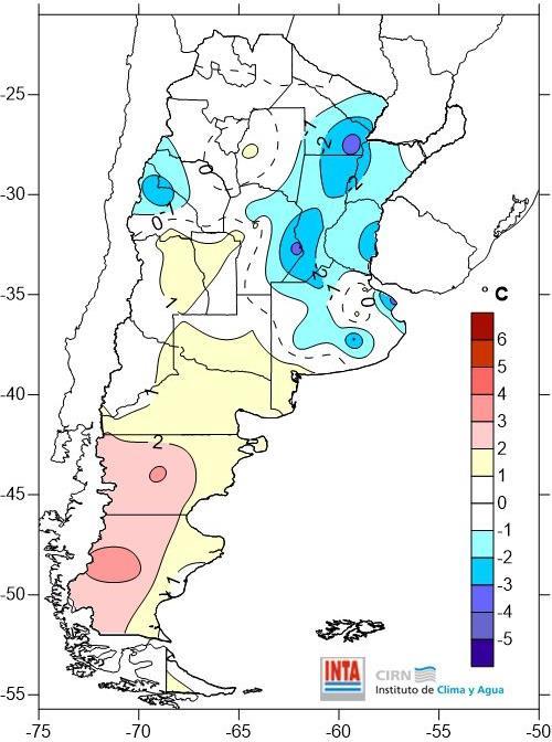 Las temperaturas fueron más frías sobre la región Pampeana (este), NEA y Cuyo (norte).