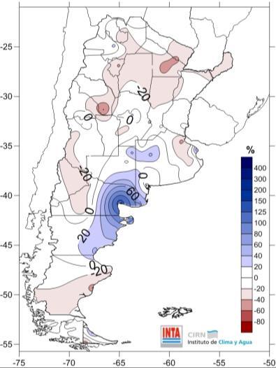 Las lluvias acumuladas estuvieron entre un 40 y un 60% por debajo de los acumulados esperados como normales en Santa Fe, Entre Ríos (oeste), Córdoba (este) y Buenos Aires (norte) (Fig. 09).